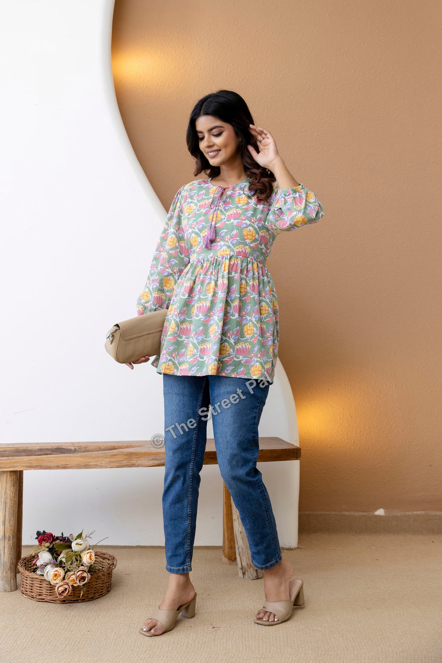Floral Hand Block Cotton Short Kurti – Sage Green Multi