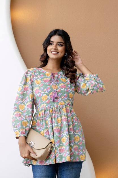 Floral Hand Block Cotton Short Kurti – Sage Green Multi