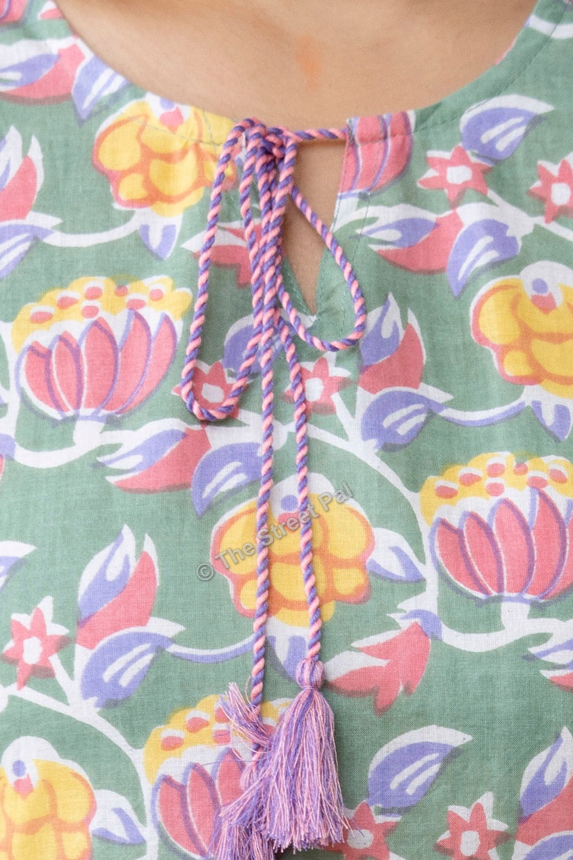 Floral Hand Block Cotton Short Kurti – Sage Green Multi