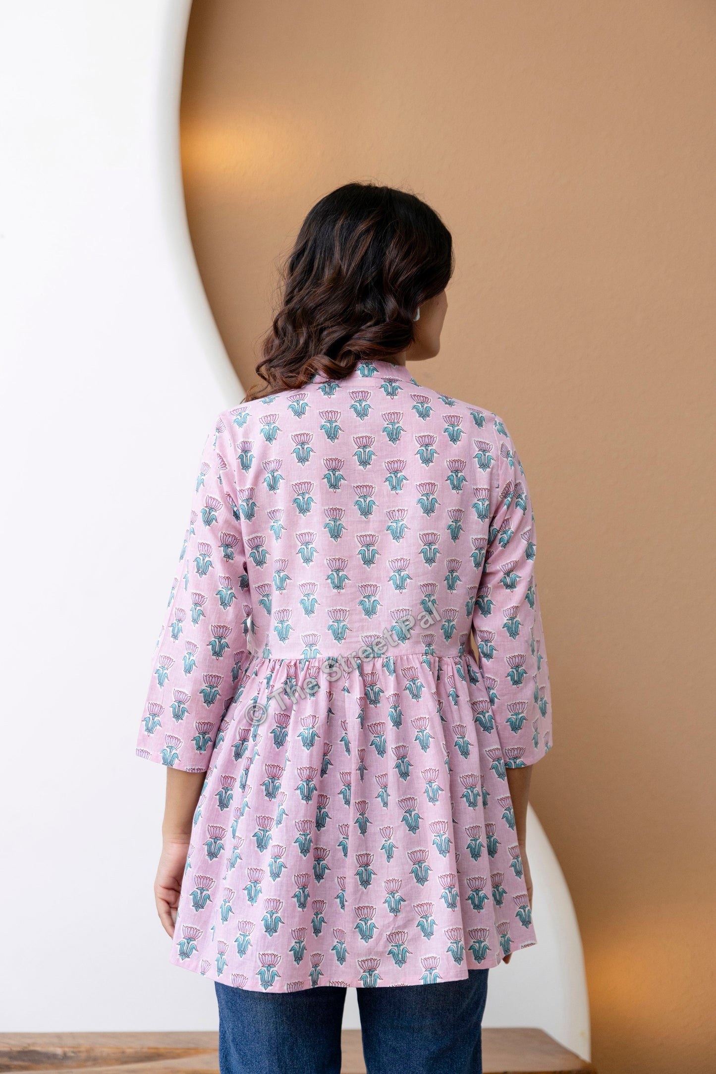 Hand Block Cotton Short Kurti – Soft Pink Buti Print