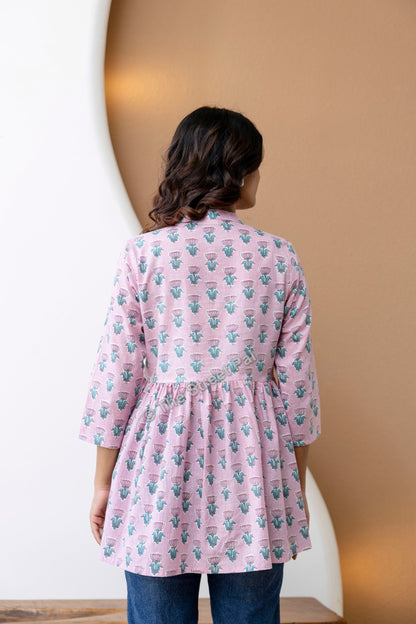 Hand Block Cotton Short Kurti – Soft Pink Buti Print