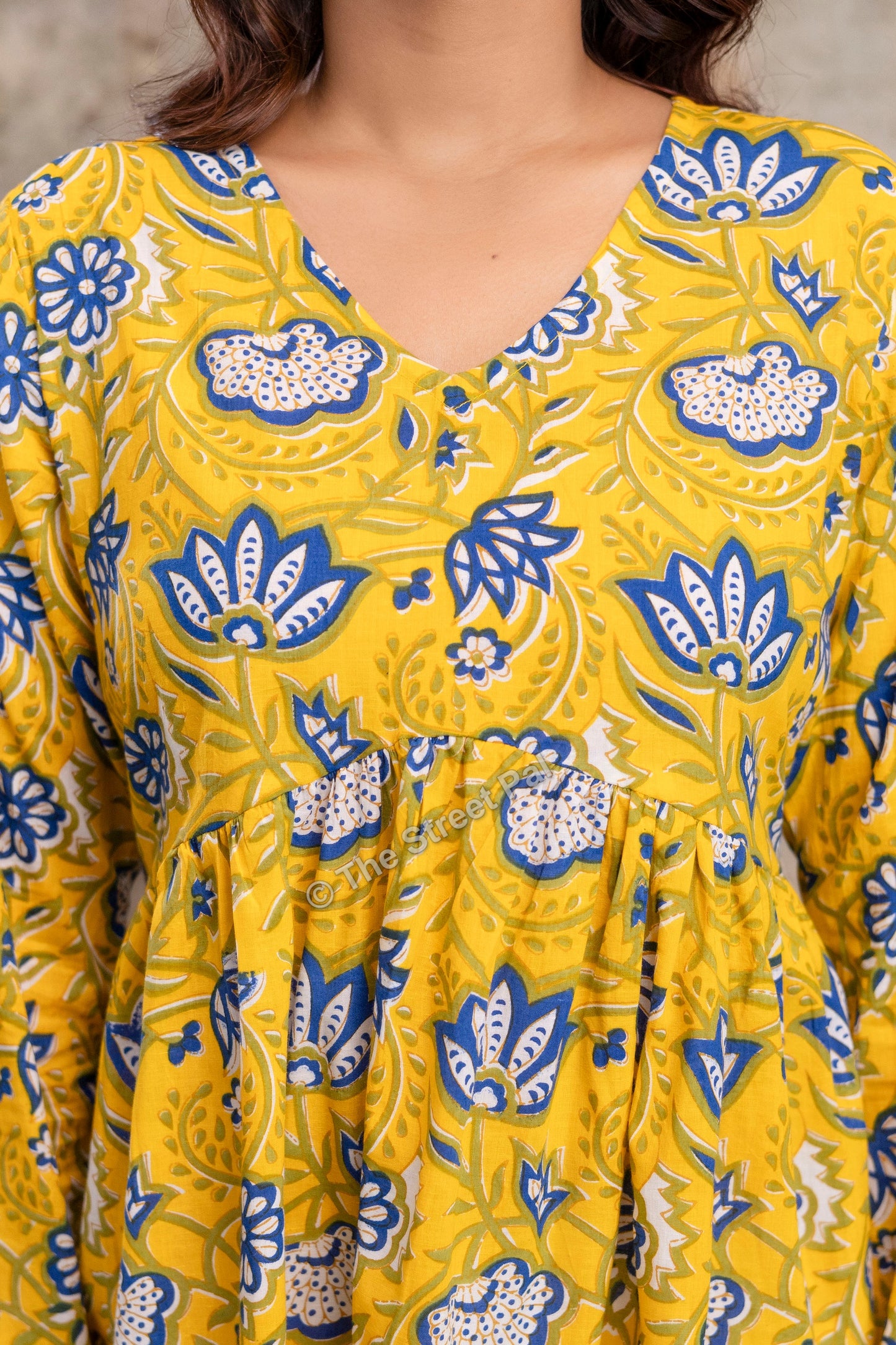 Floral Hand Block Cotton Short Kurti – Mustard Yellow