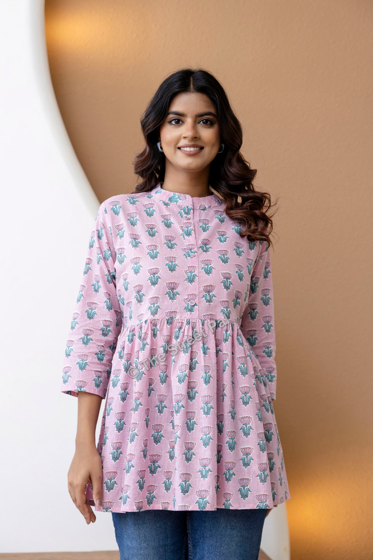 Hand Block Cotton Short Kurti – Soft Pink Buti Print