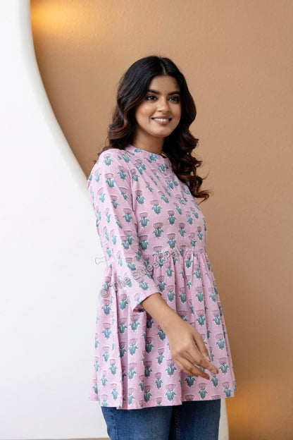 Hand Block Cotton Short Kurti – Soft Pink Buti Print