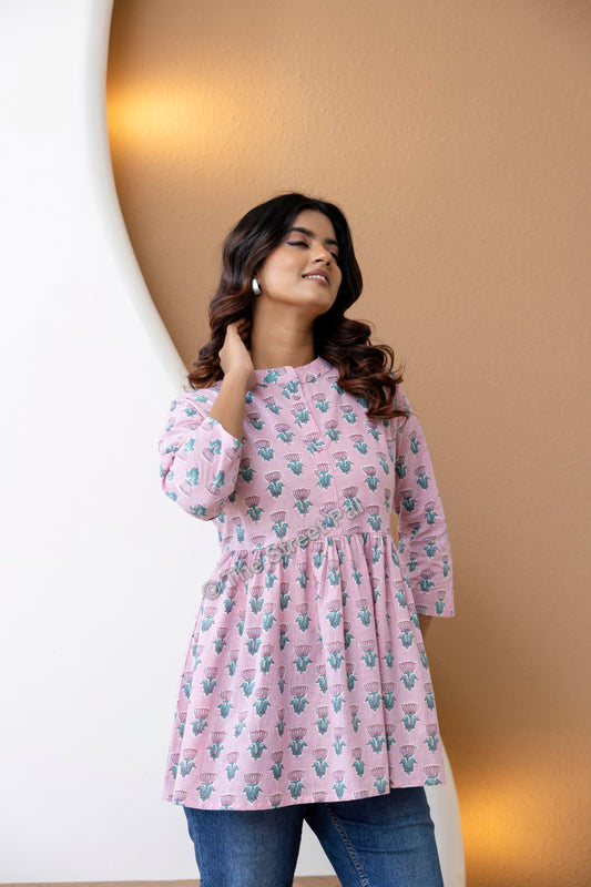 Hand Block Cotton Short Kurti – Soft Pink Buti Print