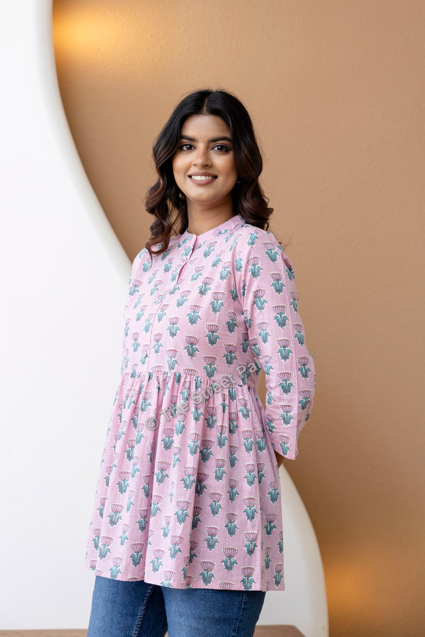 Hand Block Cotton Short Kurti – Soft Pink Buti Print