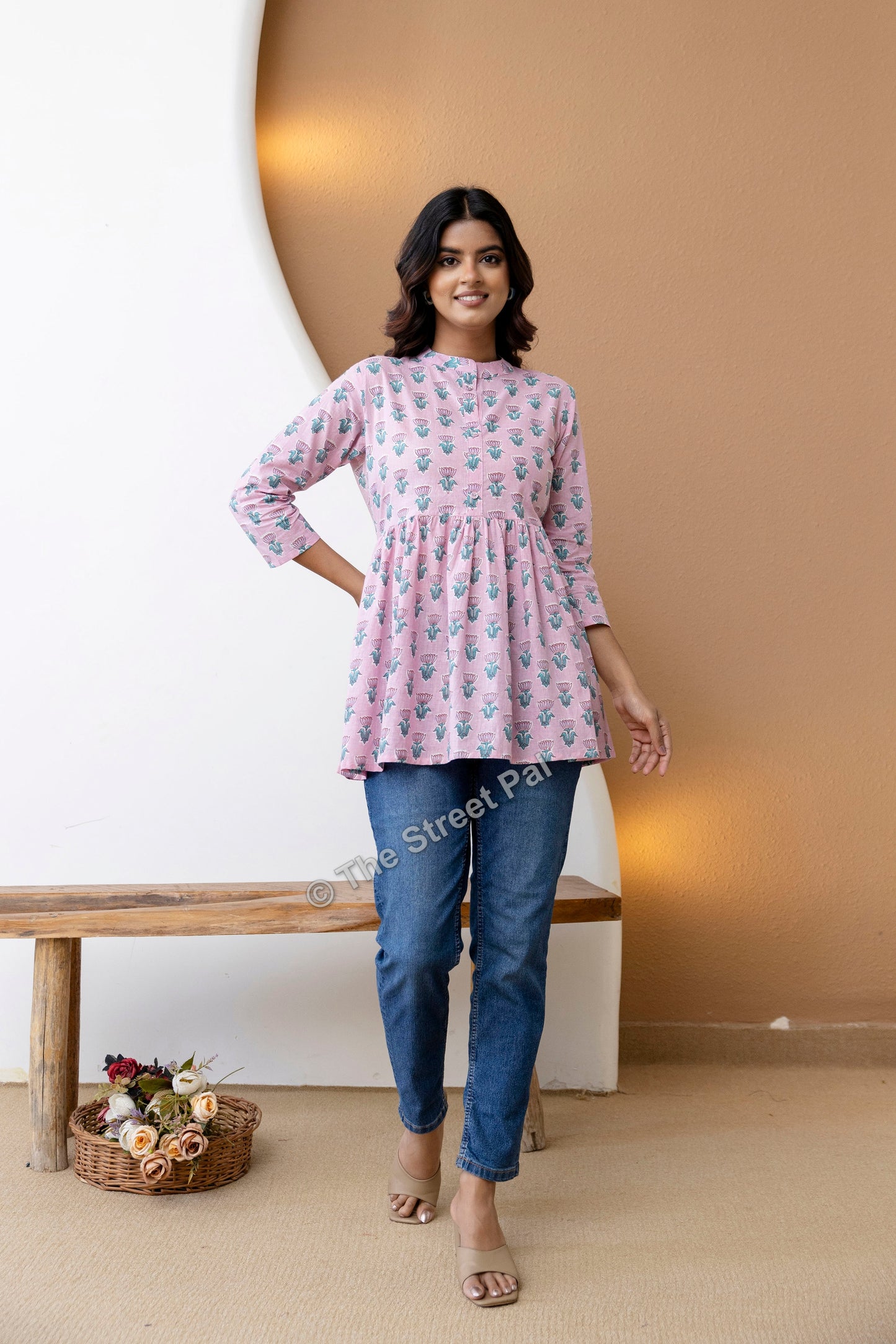 Hand Block Cotton Short Kurti – Soft Pink Buti Print