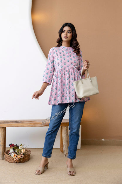 Hand Block Cotton Short Kurti – Soft Pink Buti Print