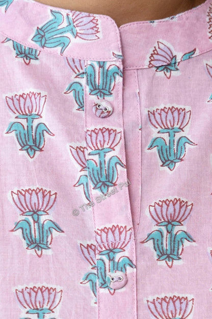 Hand Block Cotton Short Kurti – Soft Pink Buti Print