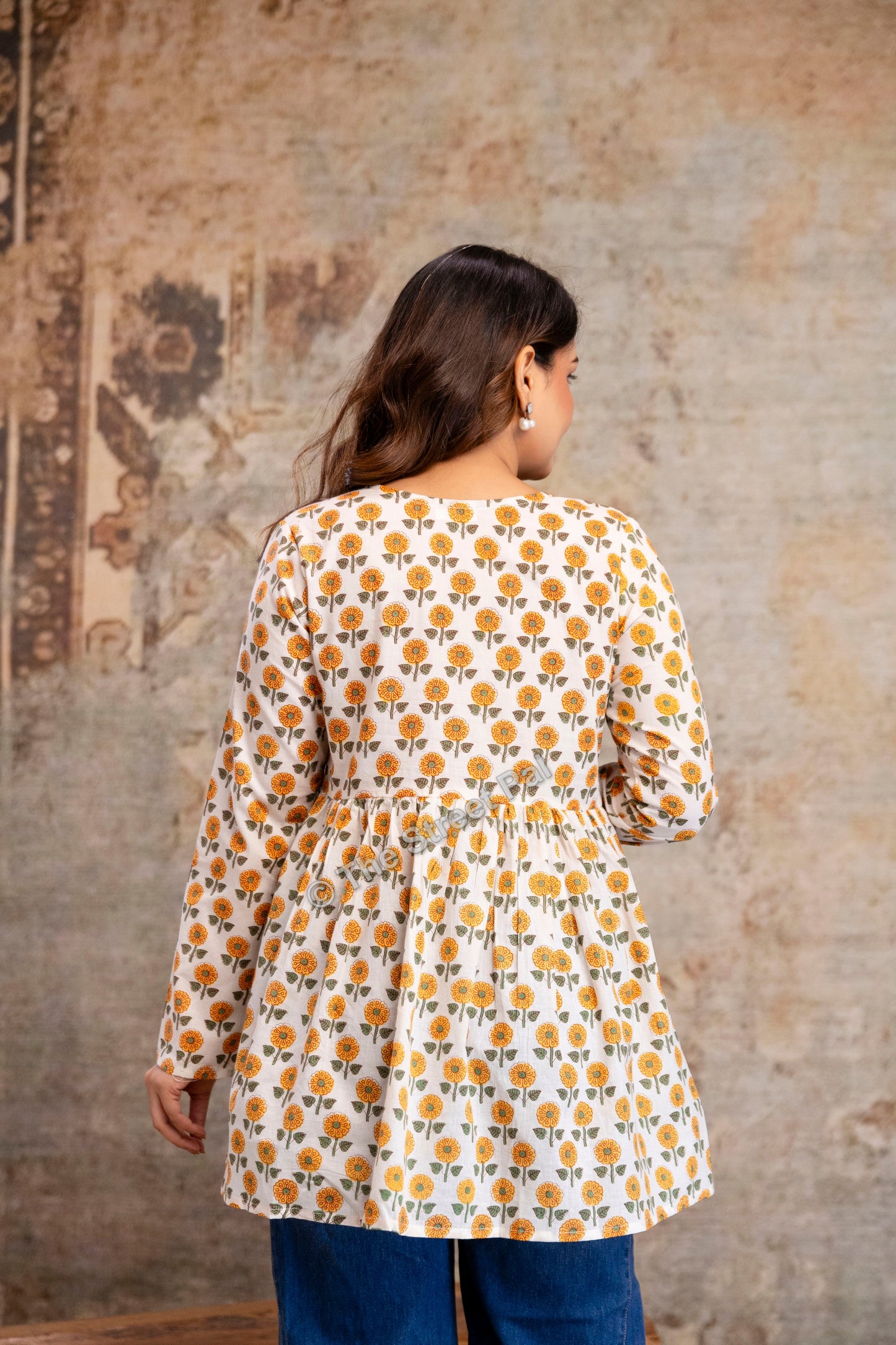 Floral Hand Block Cotton Short Kurti – Ivory Yellow