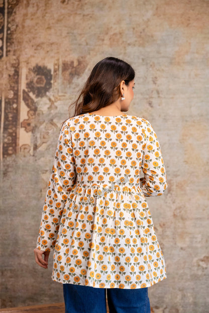 Floral Hand Block Cotton Short Kurti – Ivory Yellow