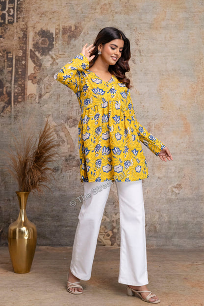 Floral Hand Block Cotton Short Kurti – Mustard Yellow