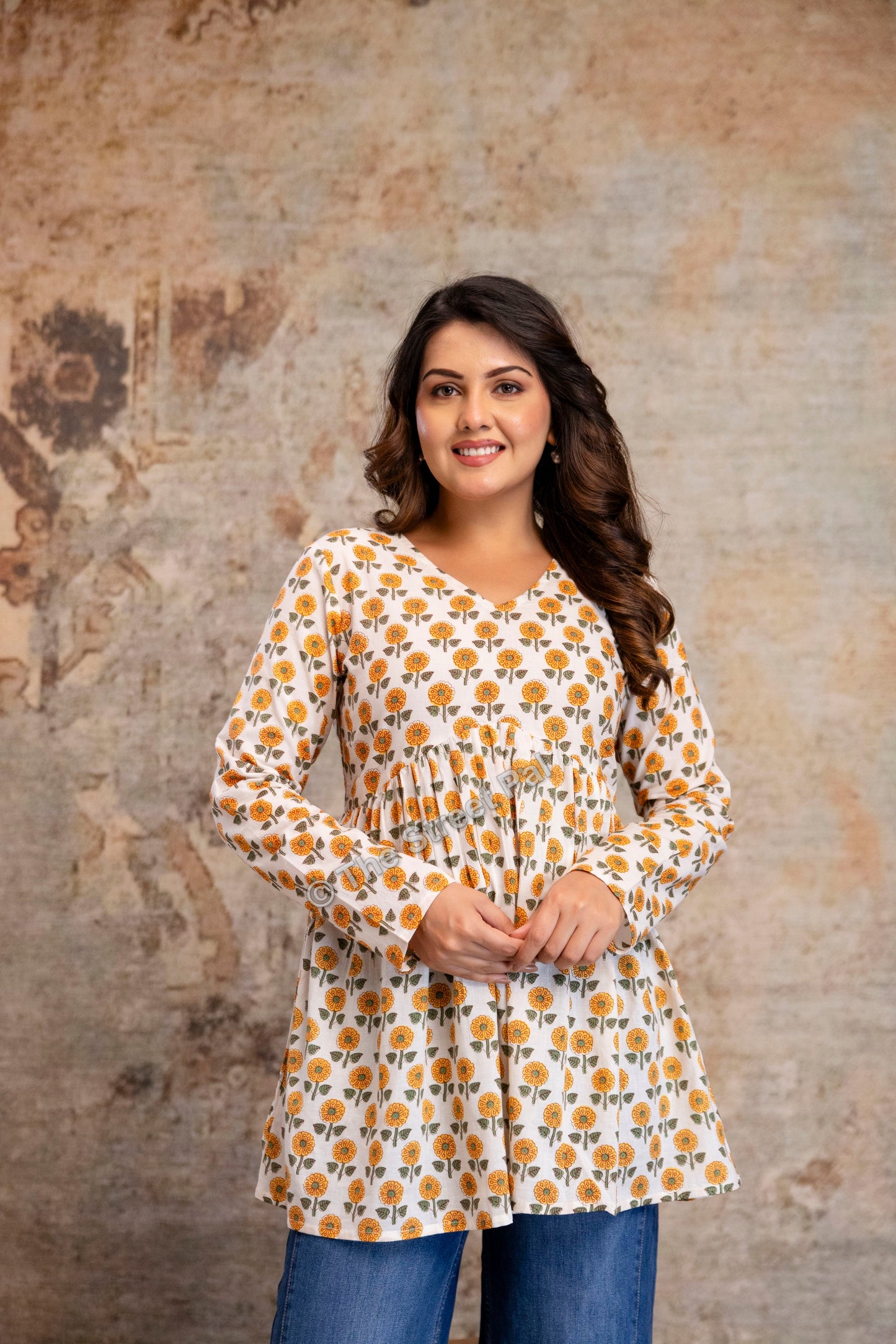 Floral Hand Block Cotton Short Kurti – Ivory Yellow