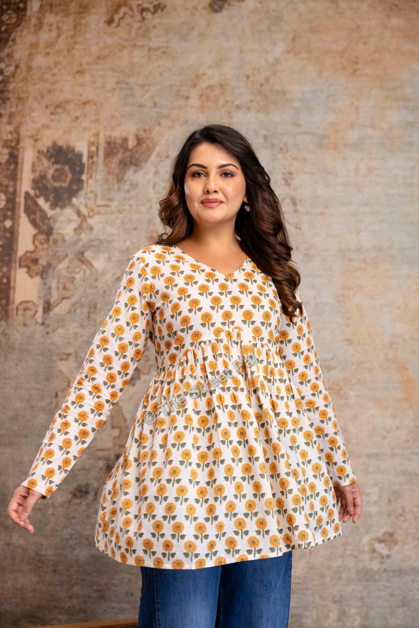 Floral Hand Block Cotton Short Kurti – Ivory Yellow