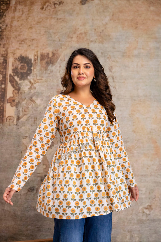 Floral Hand Block Cotton Short Kurti – Ivory Yellow