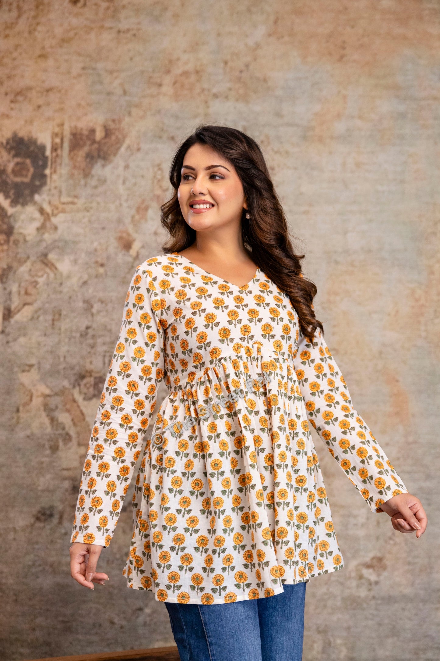 Floral Hand Block Cotton Short Kurti – Ivory Yellow