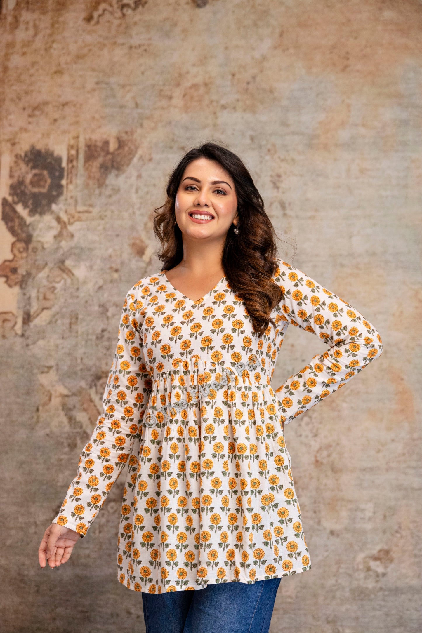 Floral Hand Block Cotton Short Kurti – Ivory Yellow
