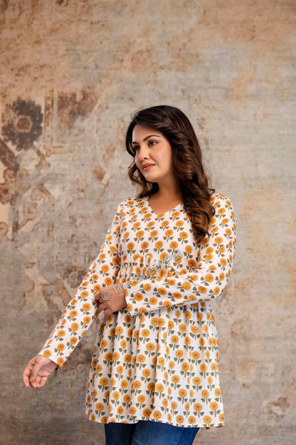 Floral Hand Block Cotton Short Kurti – Ivory Yellow