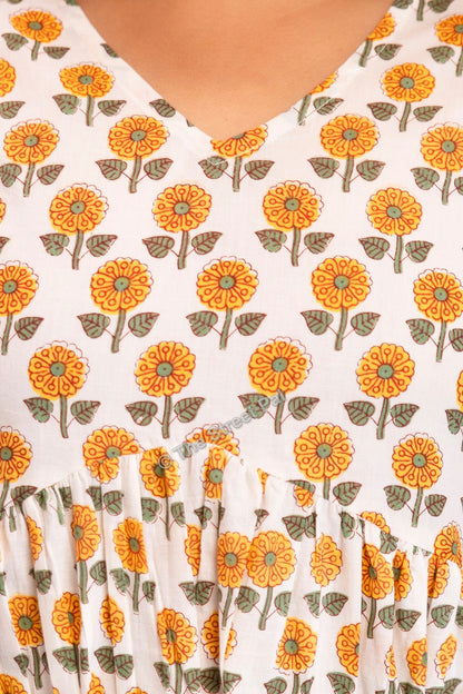 Floral Hand Block Cotton Short Kurti – Ivory Yellow