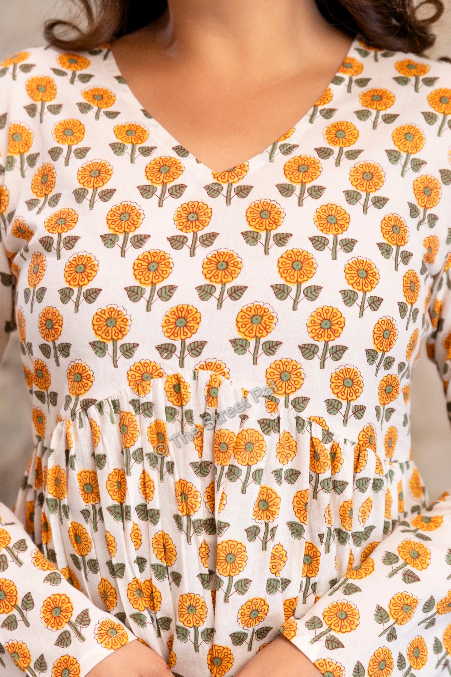 Floral Hand Block Cotton Short Kurti – Ivory Yellow