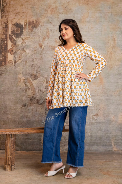 Floral Hand Block Cotton Short Kurti – Ivory Yellow