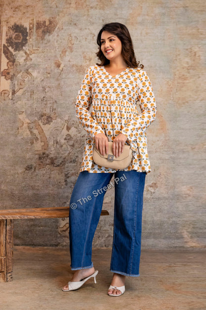 Floral Hand Block Cotton Short Kurti – Ivory Yellow