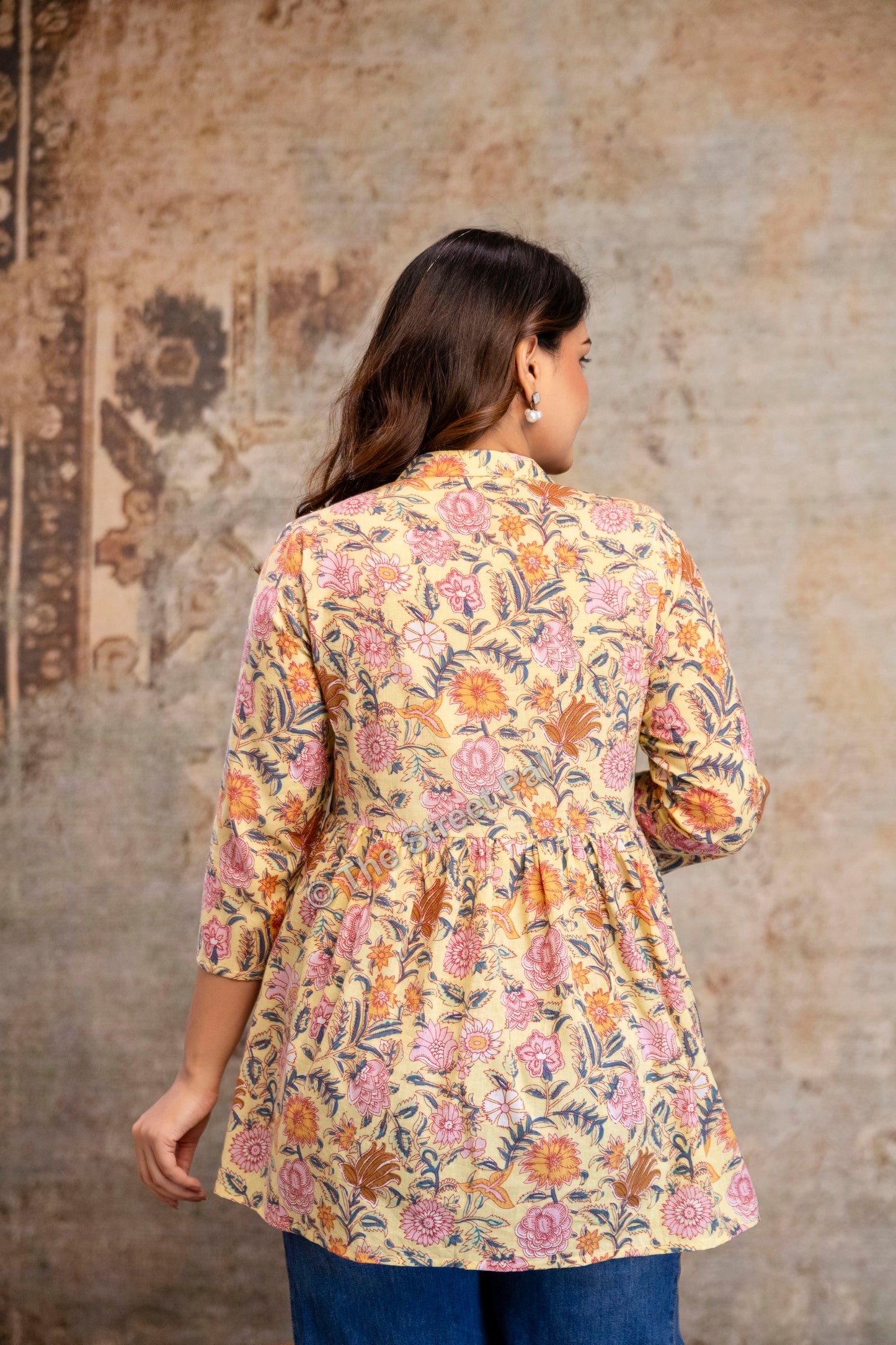Floral Hand Block Cotton Short Kurti – Pastel Yellow Garden Print