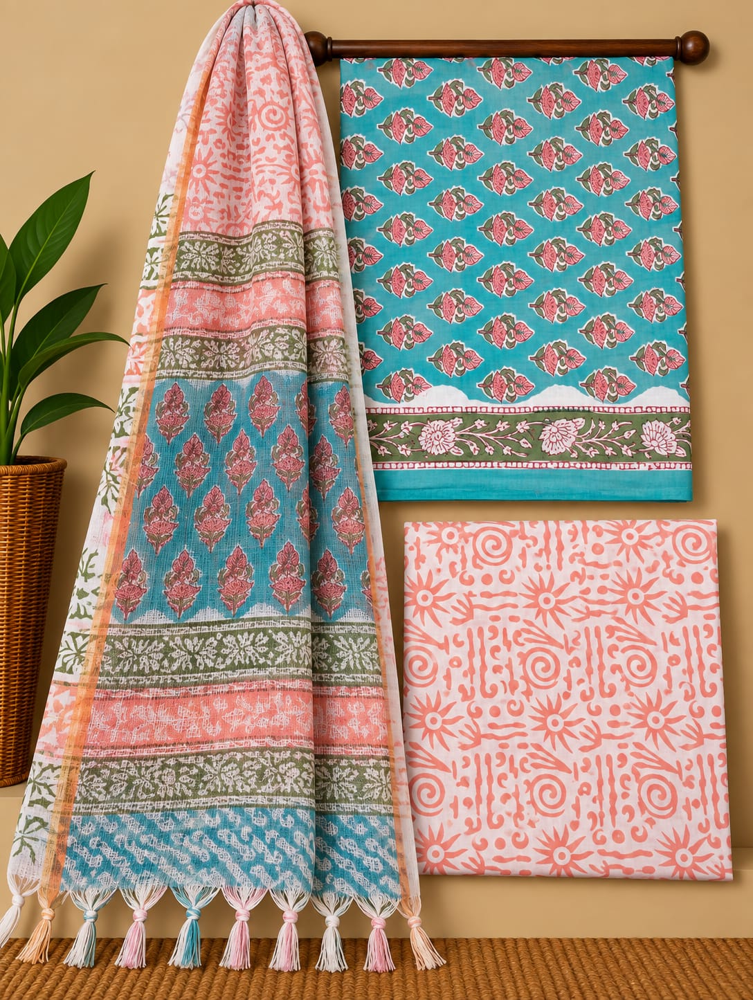 Teal Floral Booti Cotton Suit Set with Kota Doria Dupatta