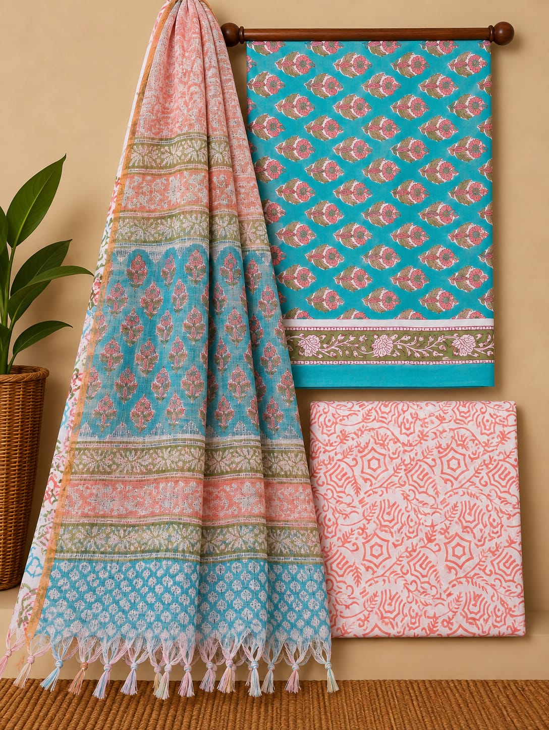Teal Floral Booti Cotton Suit Set with Kota Doria Dupatta