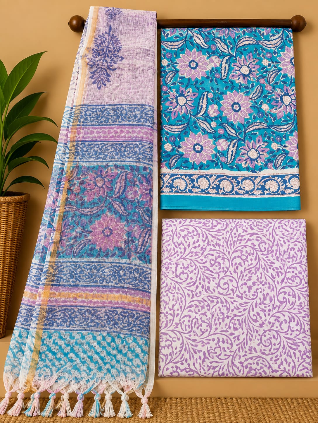 Teal Floral Jaal Cotton Suit Set with Kota Doria Dupatta