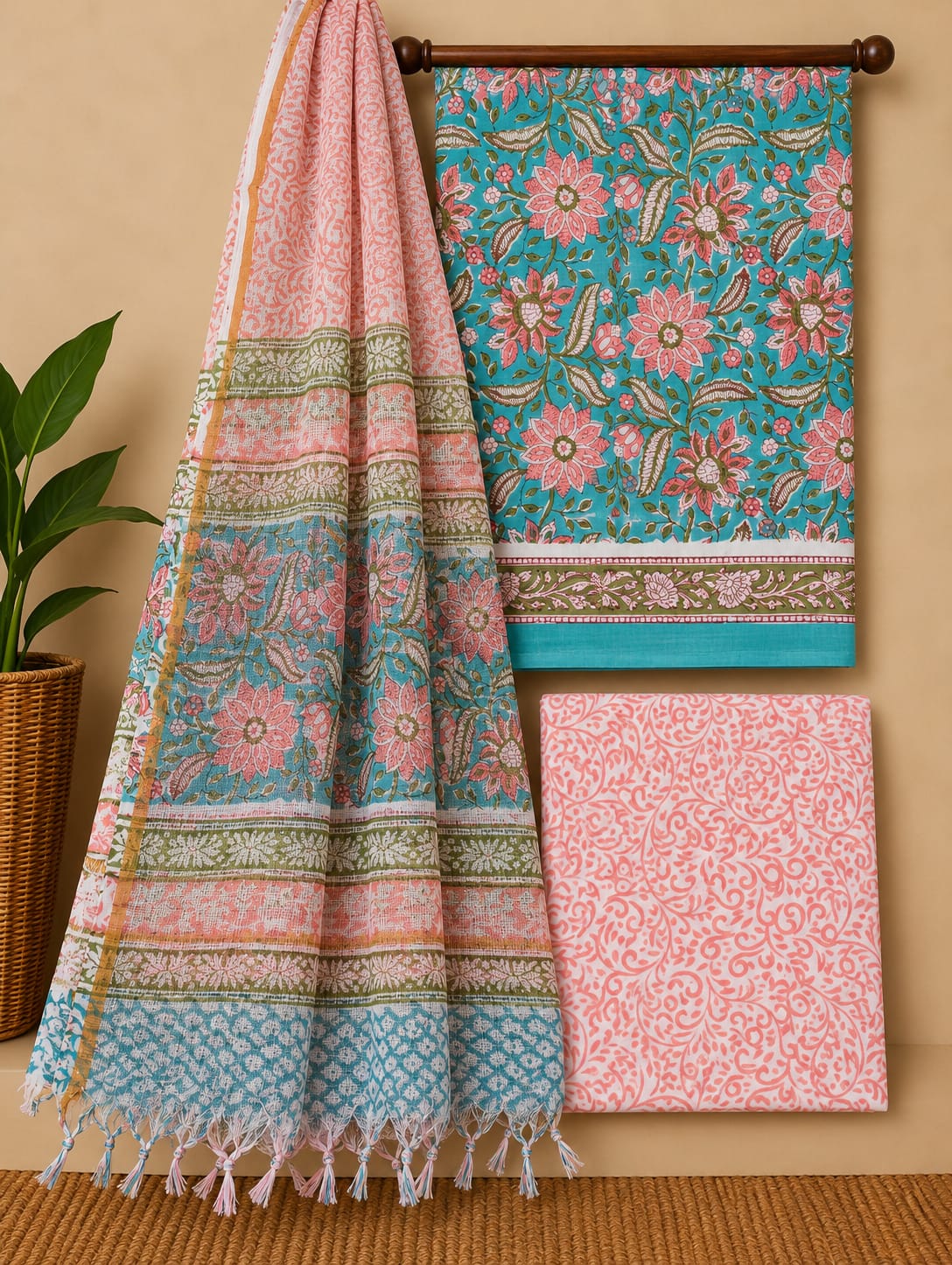 Teal Floral Cotton Suit Set with Kota Doria Dupatta