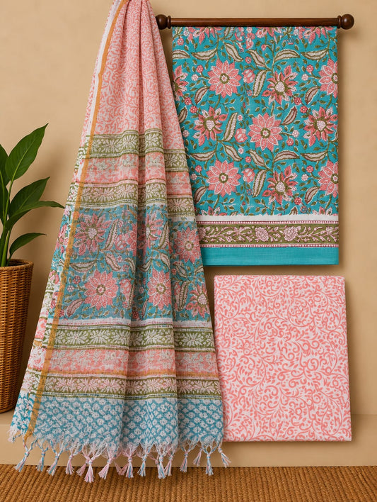 Teal Floral Cotton Suit Set with Kota Doria Dupatta