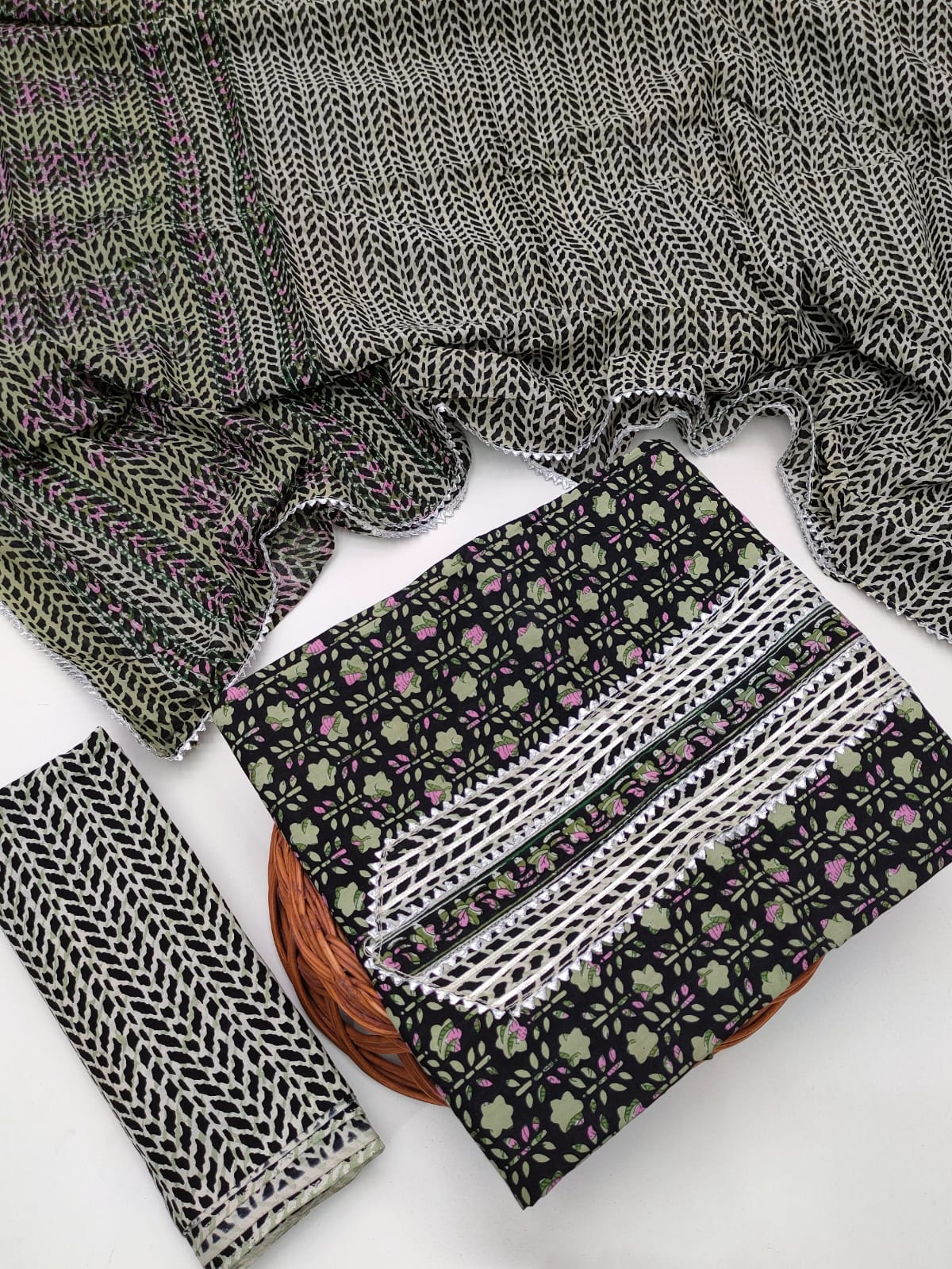 Tie Work Hand Block Suit Set with Cotton Dupatta