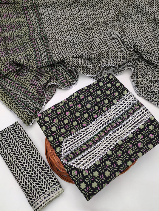 Tie Work Hand Block Suit Set with Cotton Dupatta