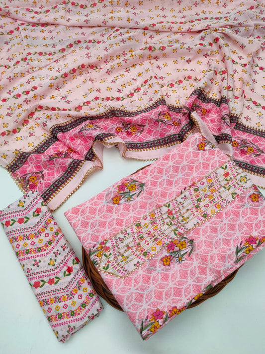 Tie Work Hand Block Suit Set with Cotton Dupatta