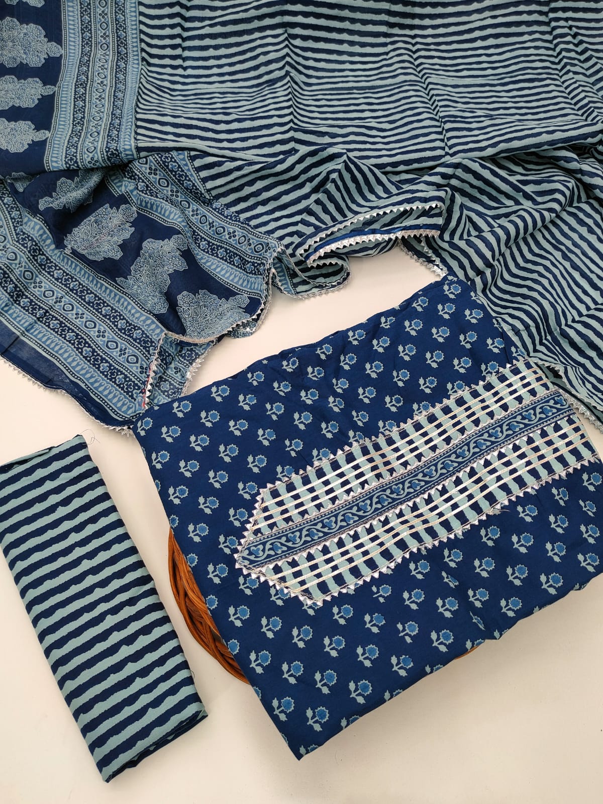 Tie Work Hand Block Suit Set with Cotton Dupatta