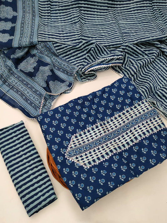 Tie Work Hand Block Suit Set with Cotton Dupatta