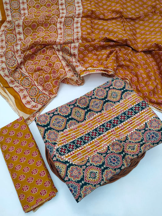 Tie Work Hand Block Suit Set with Cotton Dupatta