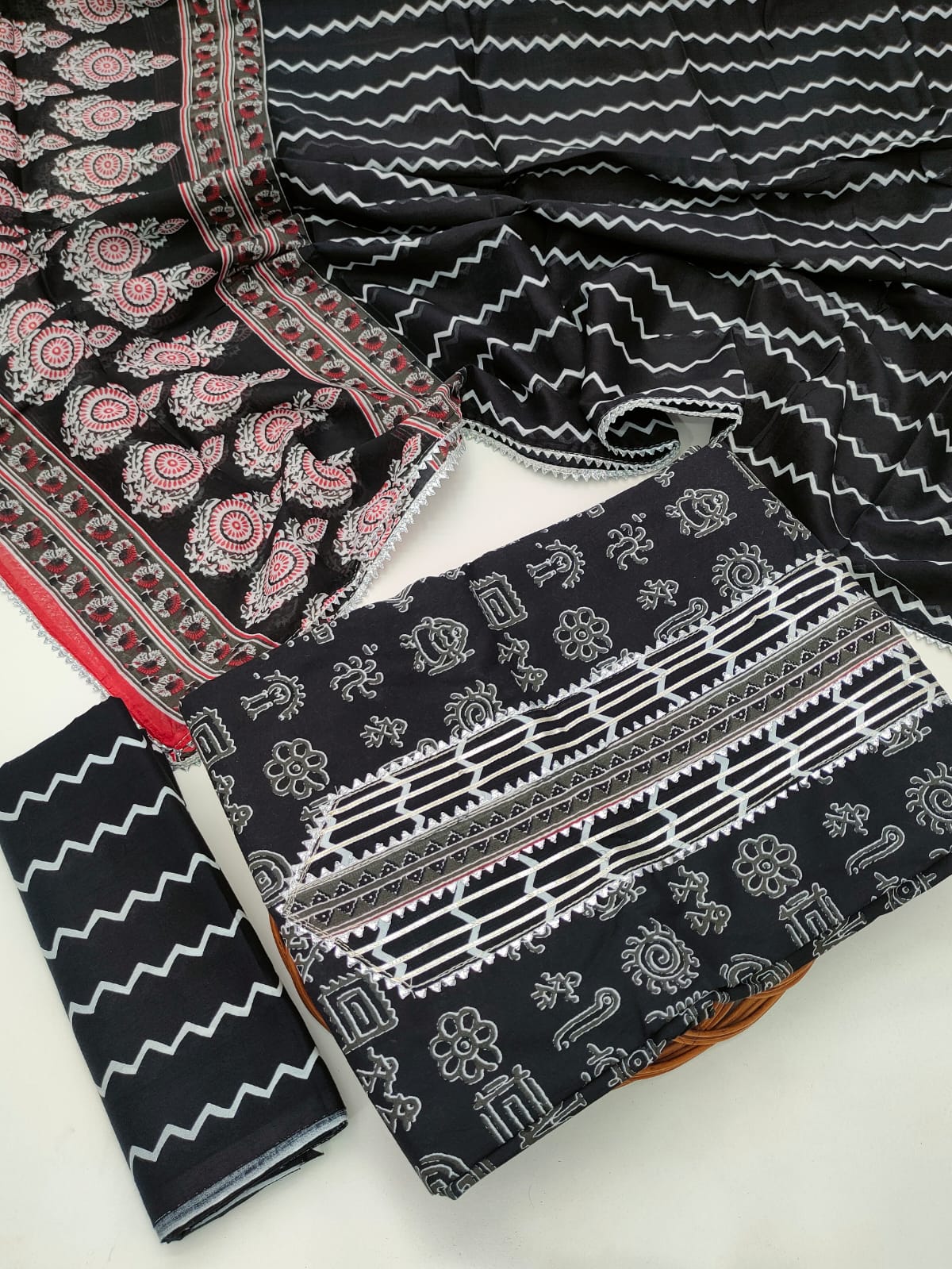 Tie Work Hand Block Suit Set with Cotton Dupatta