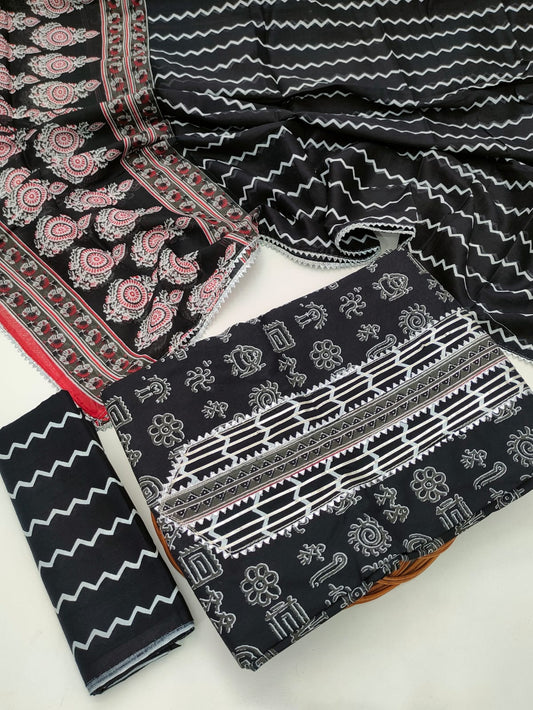 Tie Work Hand Block Suit Set with Cotton Dupatta