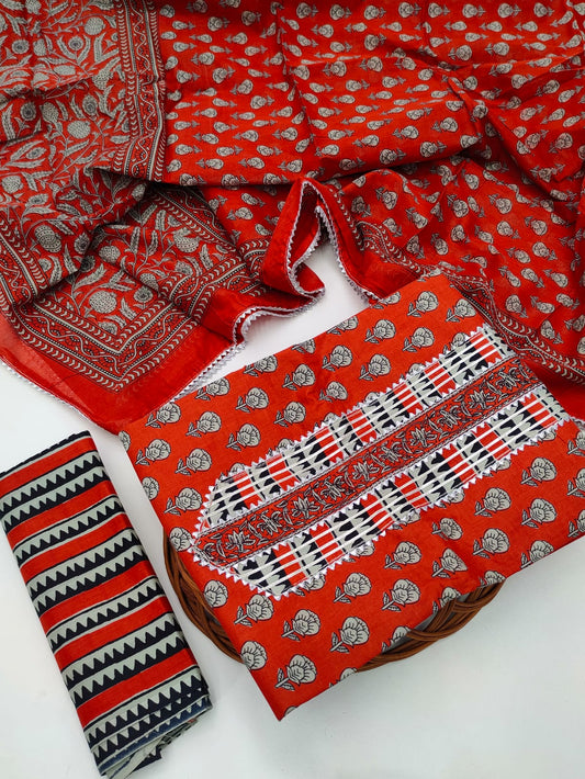 Tie Work Hand Block Suit Set with Cotton Dupatta