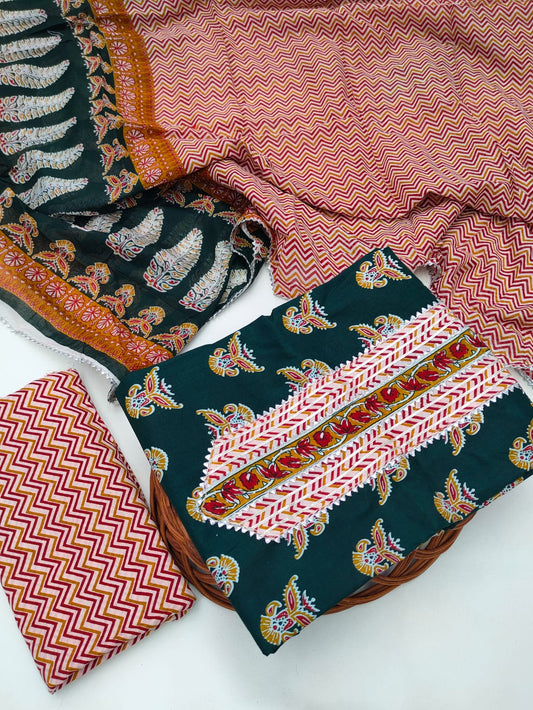 Tie Work Hand Block Suit Set with Cotton Dupatta