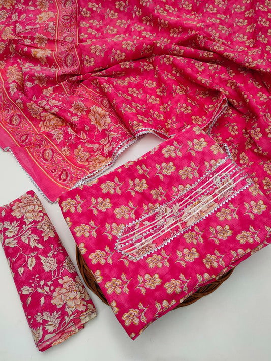 Tie Work Hand Block Suit Set with Cotton Dupatta