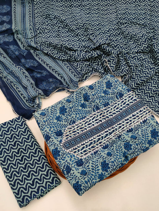 Tie Work Hand Block Suit Set with Cotton Dupatta