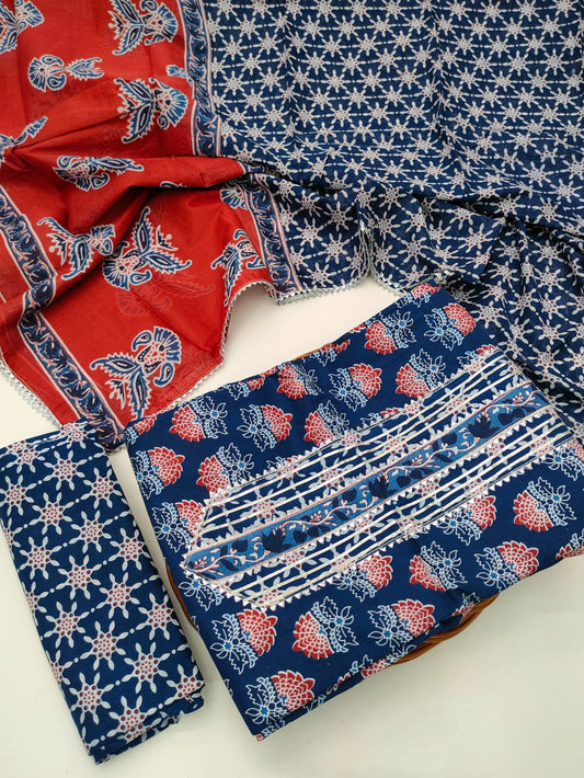 Tie Work Hand Block Suit Set with Cotton Dupatta