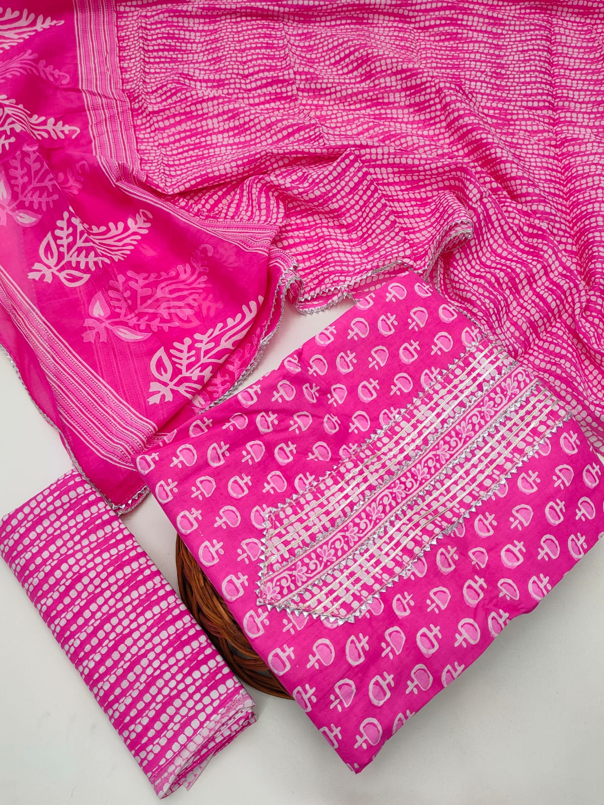 Tie Work Hand Block Suit Set with Cotton Dupatta