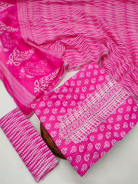 Tie Work Hand Block Suit Set with Cotton Dupatta