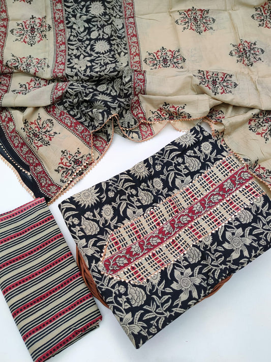 Tie Work Hand Block Suit Set with Cotton Dupatta