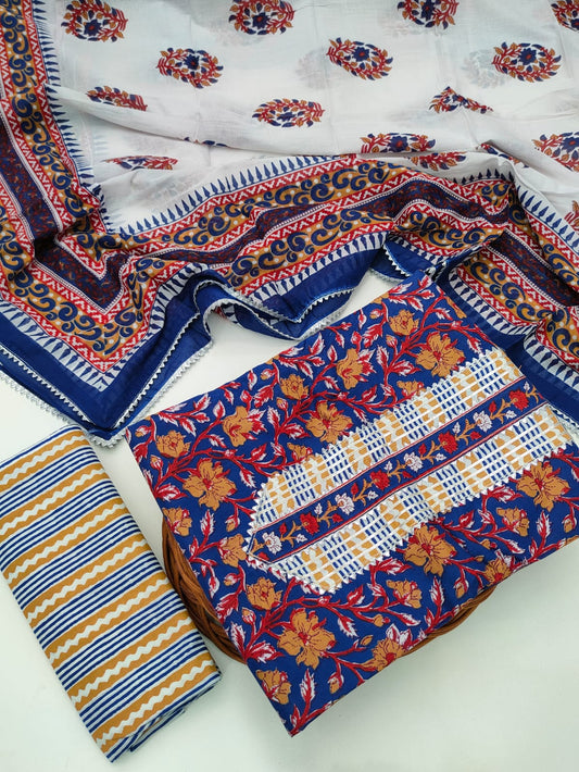 Tie Work Hand Block Suit Set with Cotton Dupatta