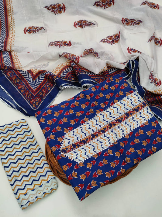 Tie Work Hand Block Suit Set with Cotton Dupatta